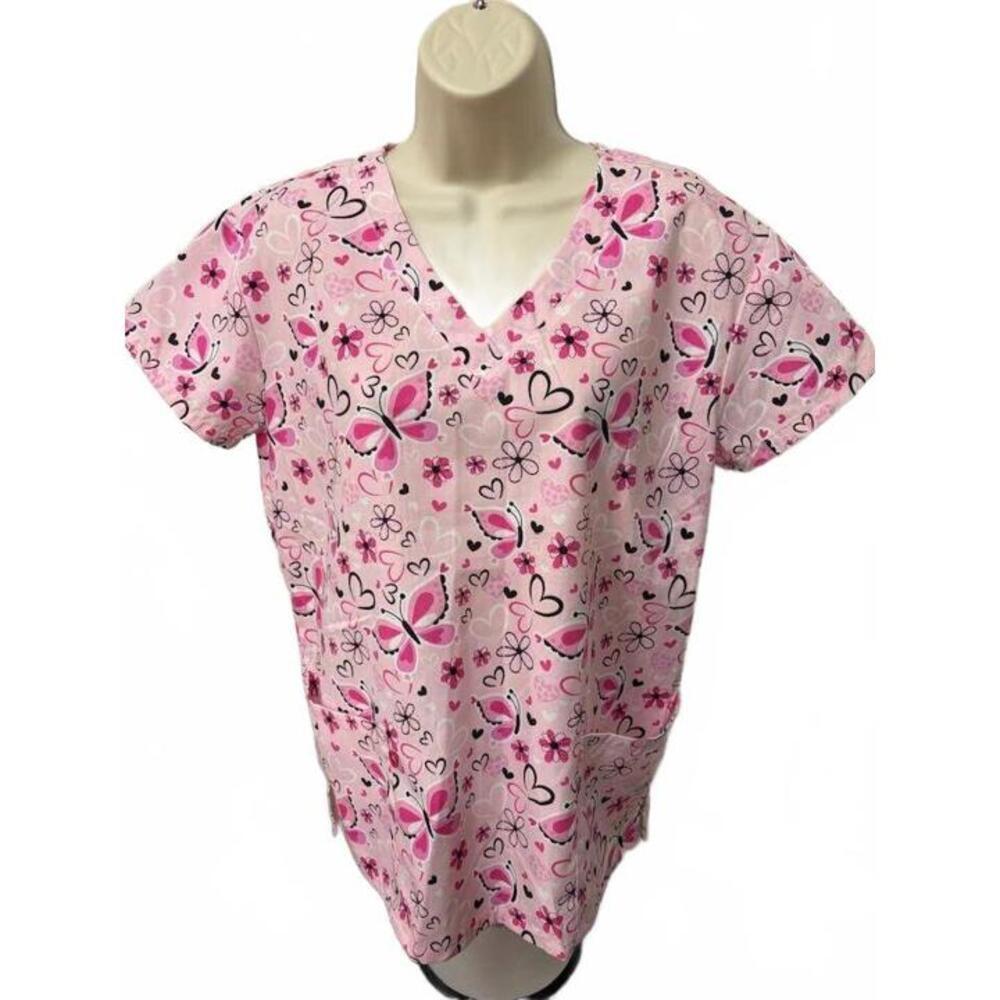 365‎ WORKWEAR WOMENS SCRUB TOP SMALL PINK BUTTERFLIES